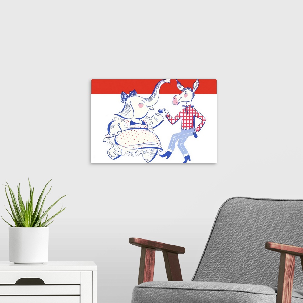 A modern room featuring Elephant Dancing With Donkey Political Poster