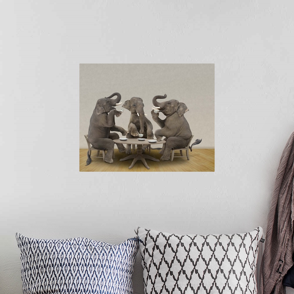 A bohemian room featuring Elephants having tea party