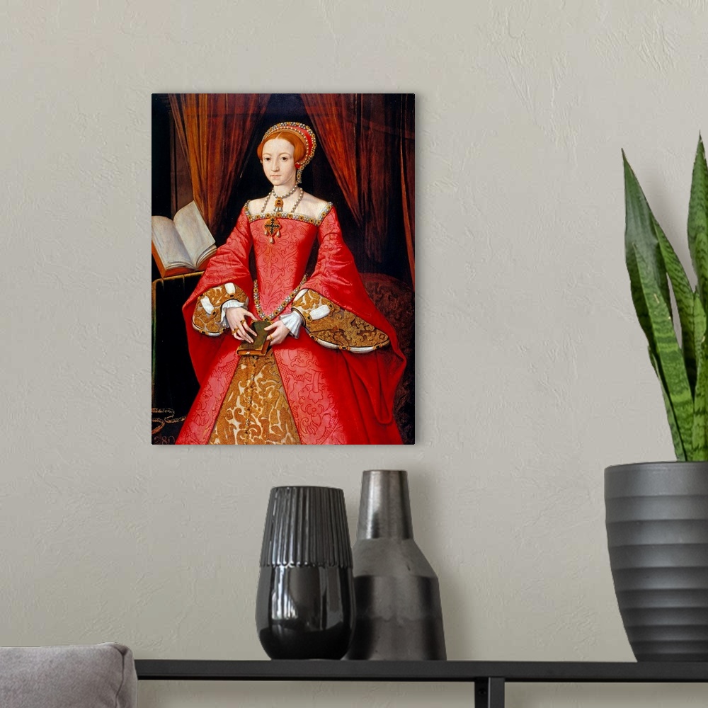 A modern room featuring Attributed to William Scrots (British), Elizabeth I as a Princess, 1546-7, oil on panel, Royal Co...