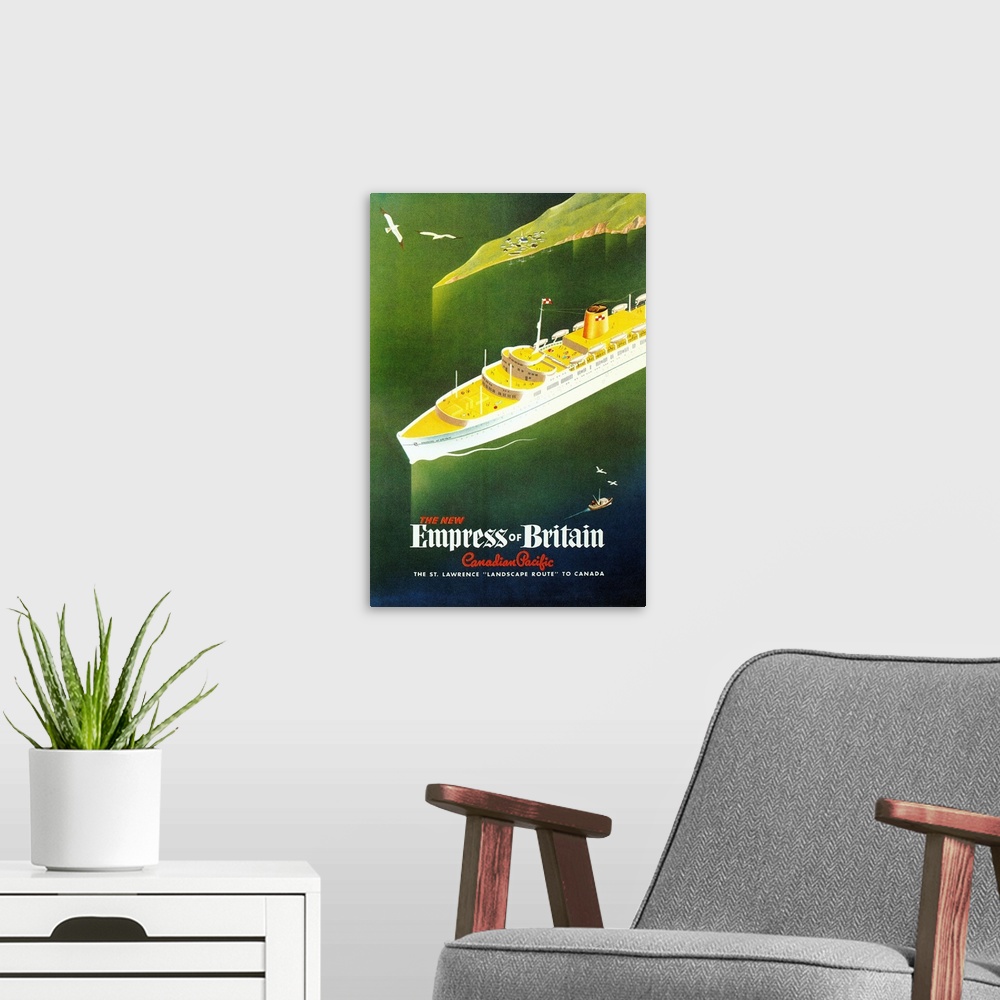 A modern room featuring Empress of Britain Travel Poster
