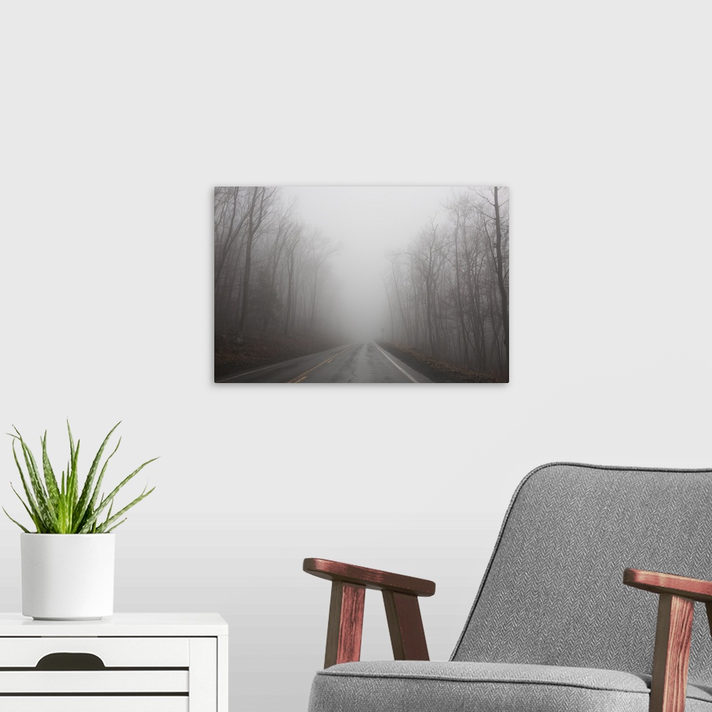 A modern room featuring Empty foggy road in central Pennsylvania.