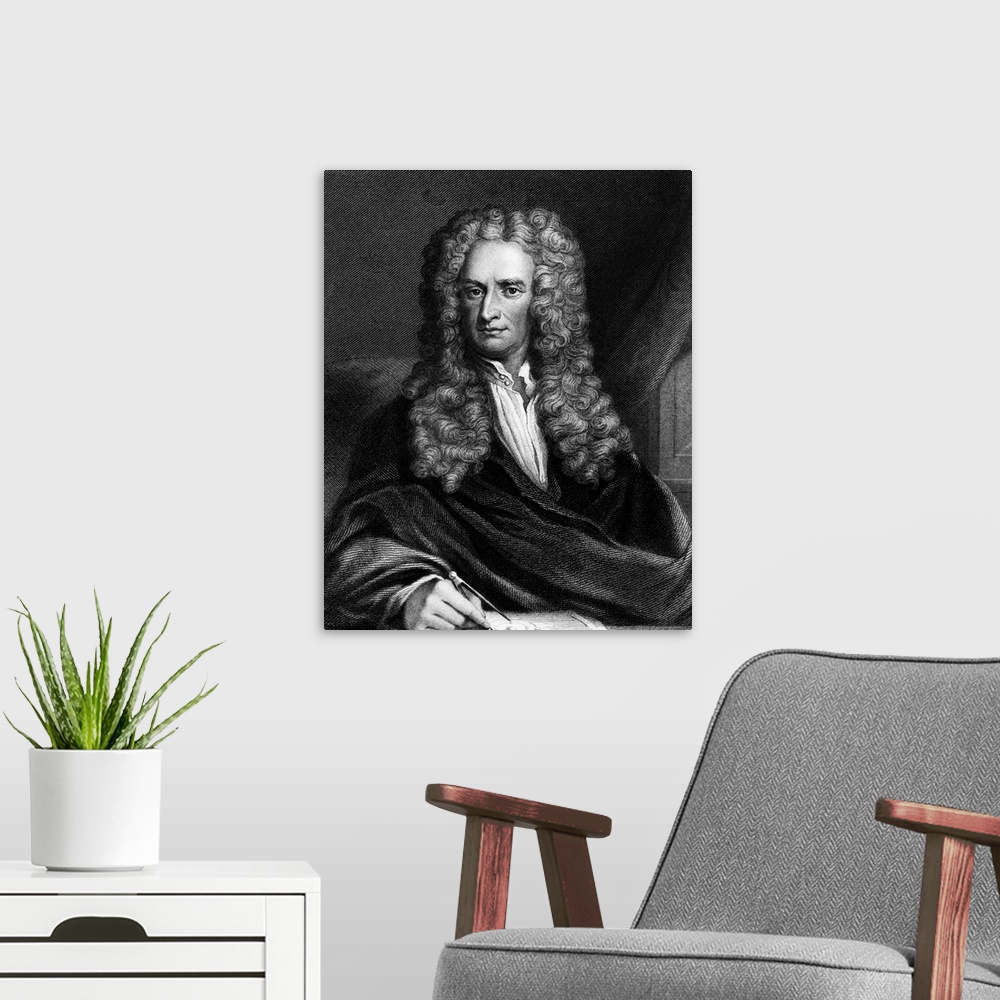 A modern room featuring Isaac Newton seated at table. Undated engraving.