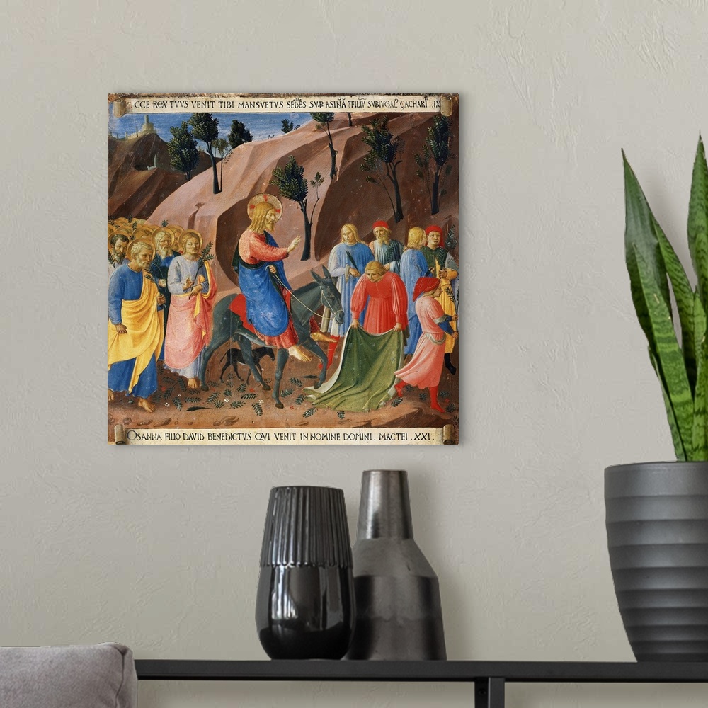 A modern room featuring Entry Into Jerusalem From Scenes From the Life of Christ by Fra Angelico - Tempera on wood panel ...