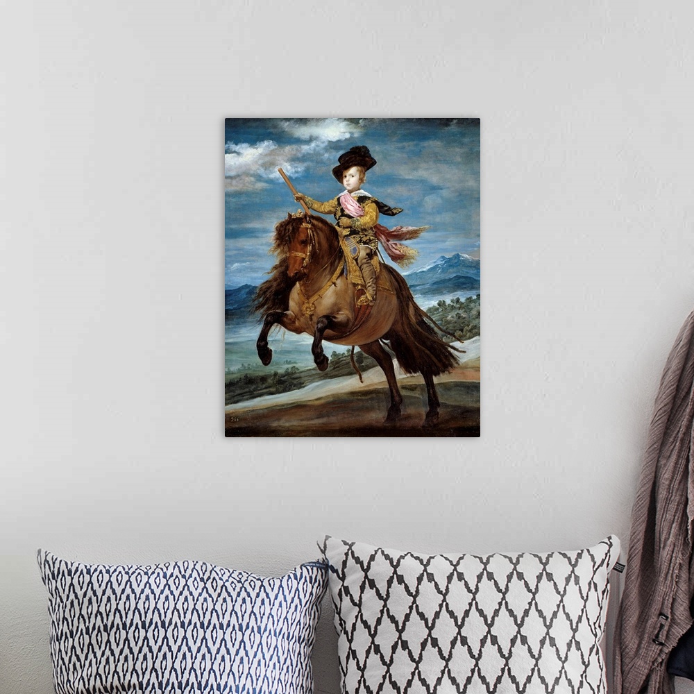 A bohemian room featuring Equestrian portrait of Prince Baltasar Carlos (1629-1646). Painting by Diego Rodriguez de Silva y...