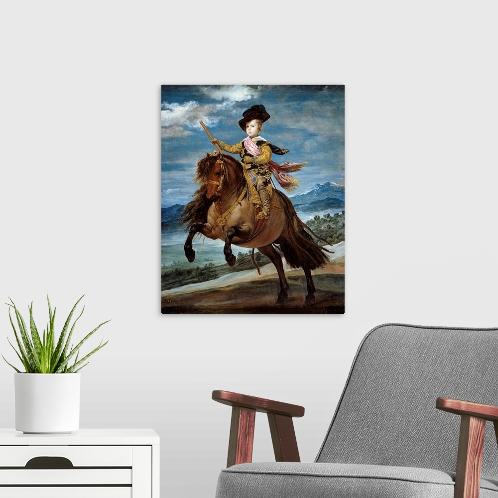 A modern room featuring Equestrian portrait of Prince Baltasar Carlos (1629-1646). Painting by Diego Rodriguez de Silva y...