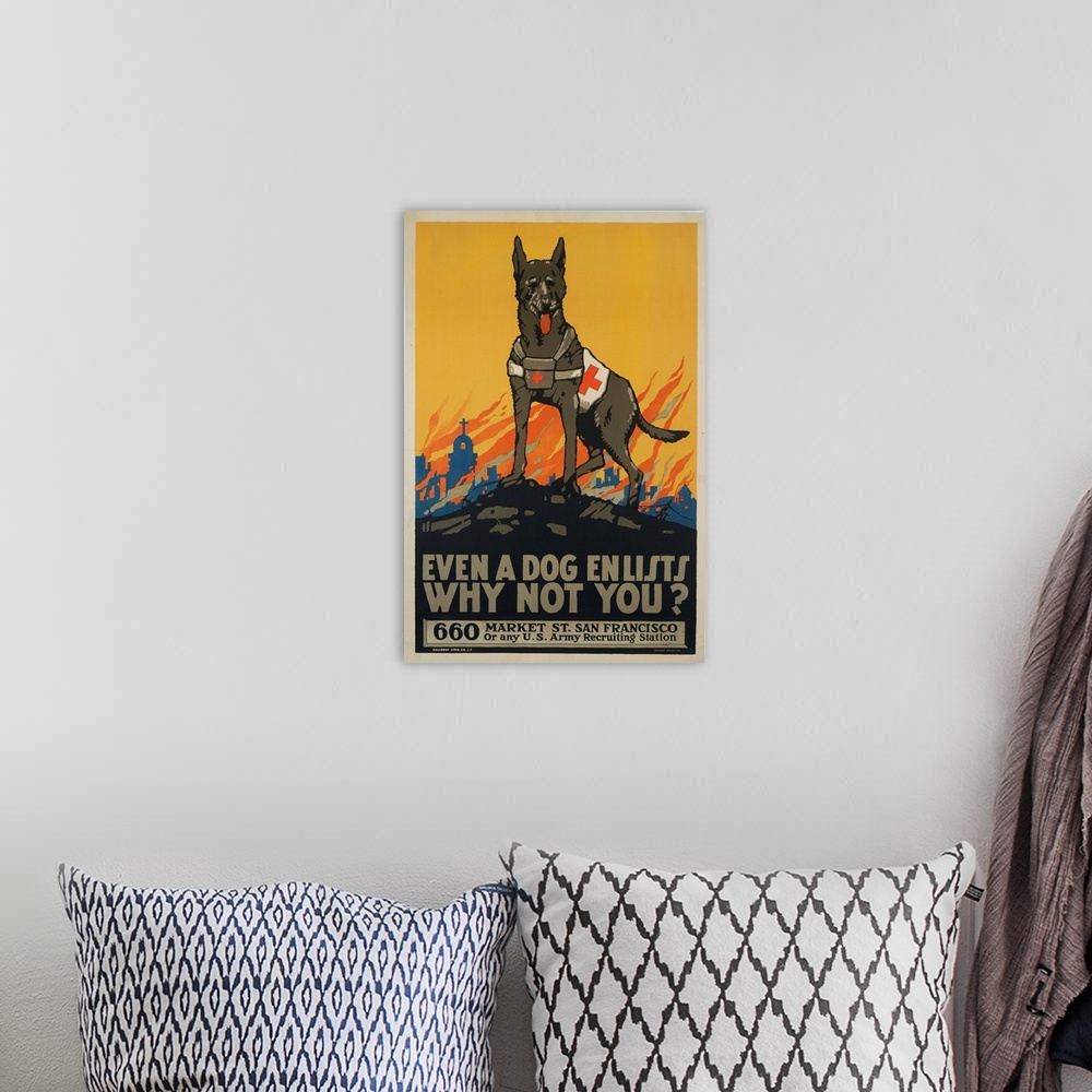 A bohemian room featuring Even A Dog Enlists, Why Not You, Recruitment Poster By Moody