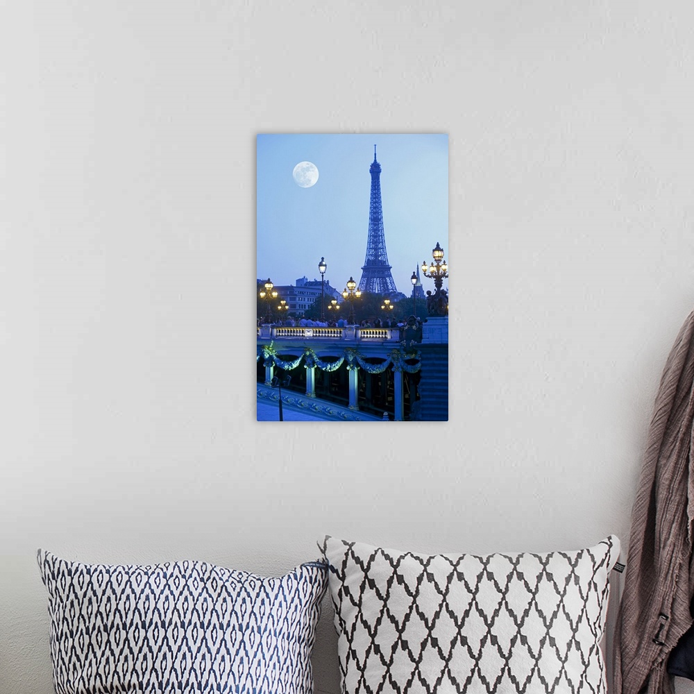 A bohemian room featuring Evening view of Eiffel Tower at moonrise