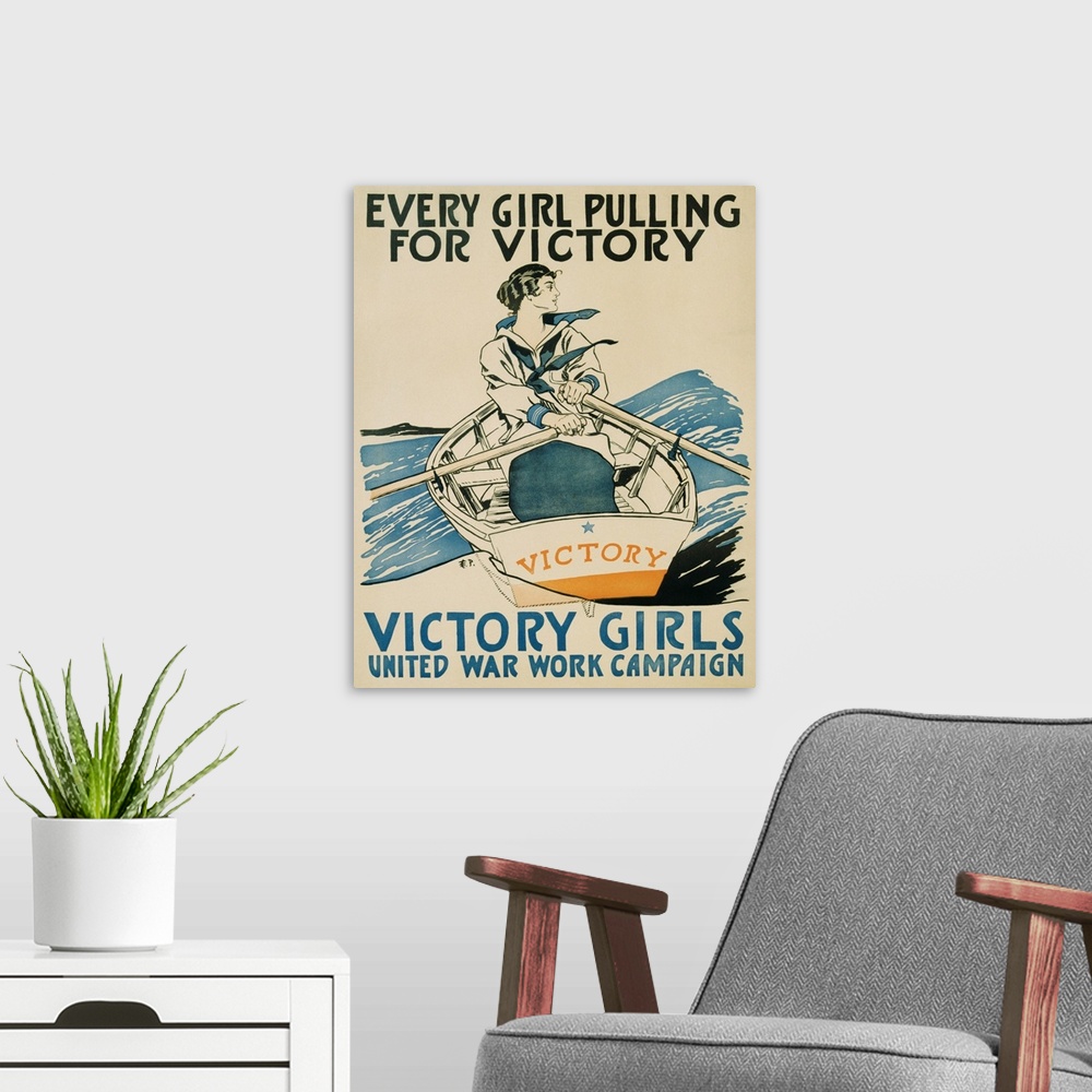 A modern room featuring Every Girl Pulling For Victory Poster By Edward Penfield