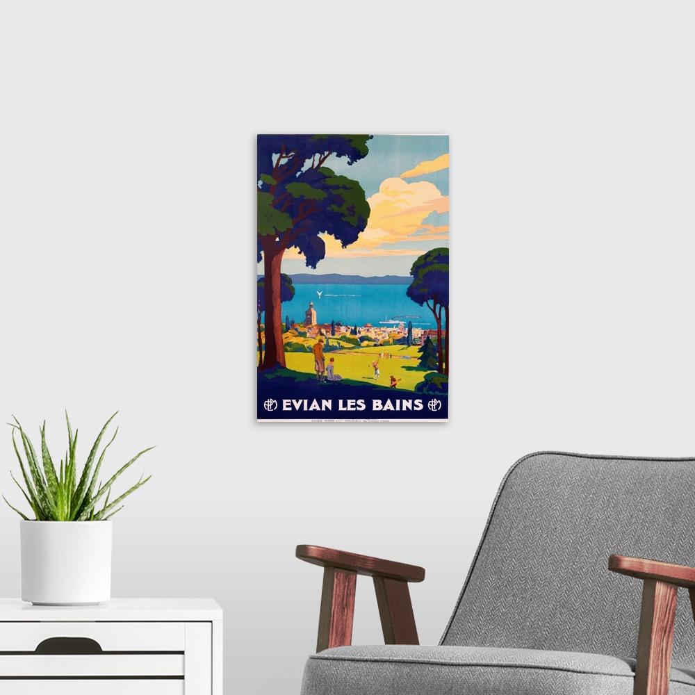 A modern room featuring Evian Les Bains Poster By Geo Francois