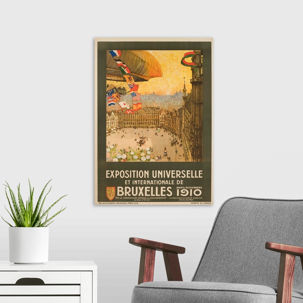 A modern room featuring Exposition Universelle Et Internationale De Bruxelles Poster By Henri Cassiers