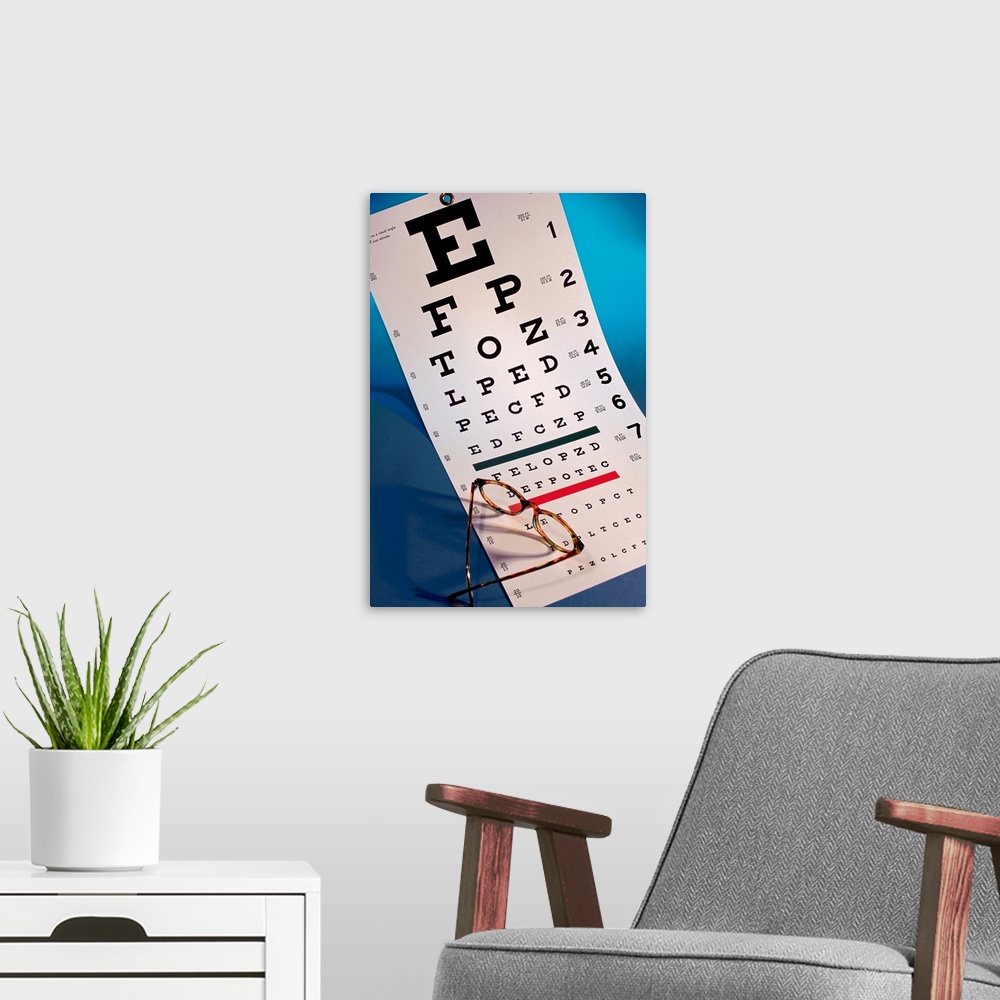 A modern room featuring Eye chart with eyeglasses