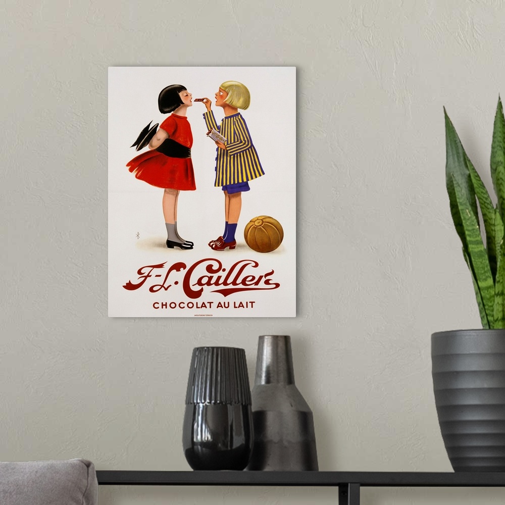 A modern room featuring F-L Cailler's Chocolat Au Lait Chocolate Advertisement Poster