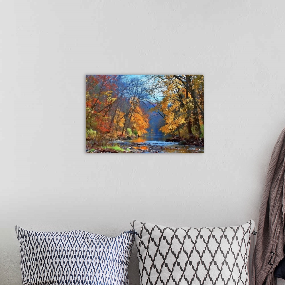 A bohemian room featuring This wall art for the home or office is a panoramic photograph of a tropical beach surrounded by ...
