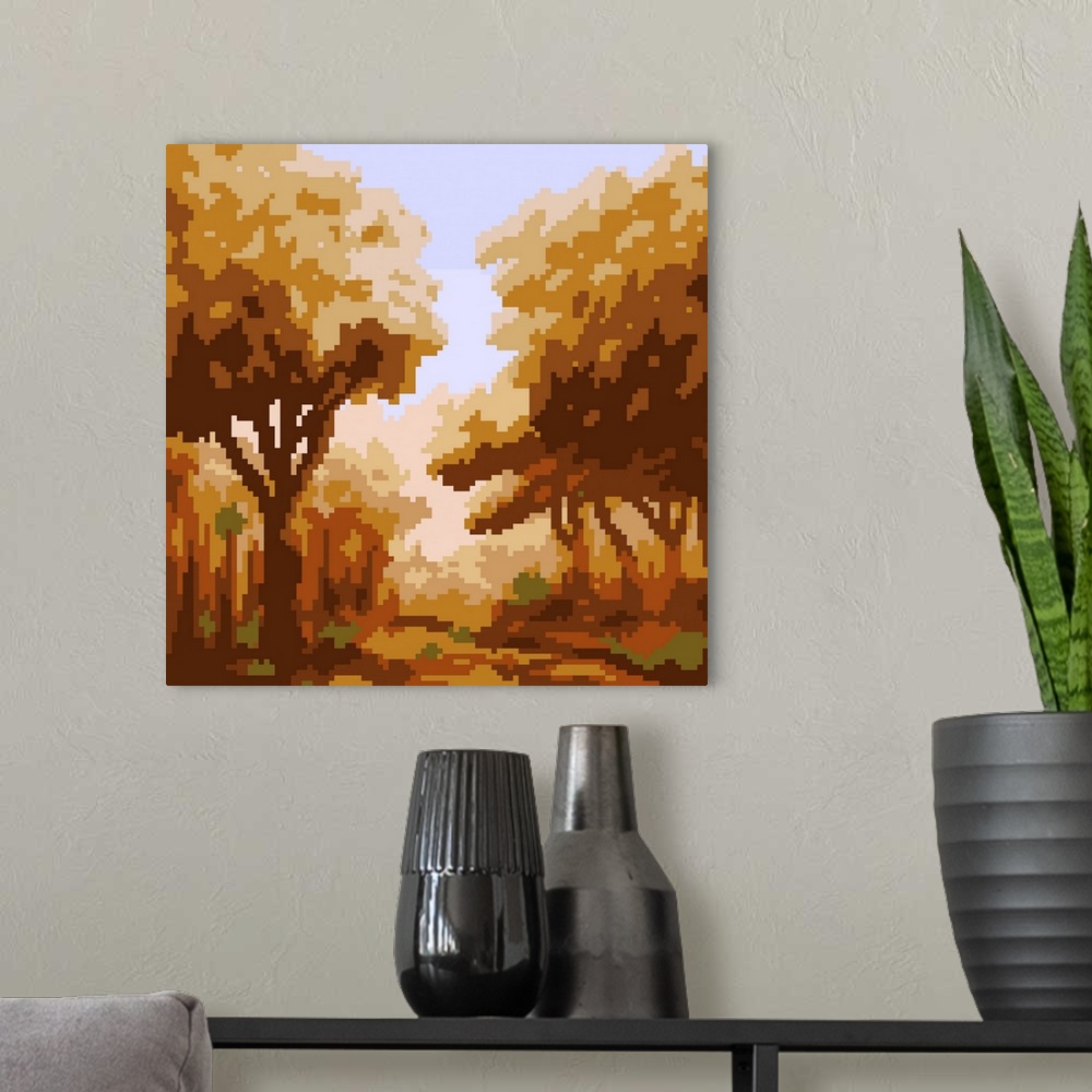 A modern room featuring Fall Forest Pixel Art