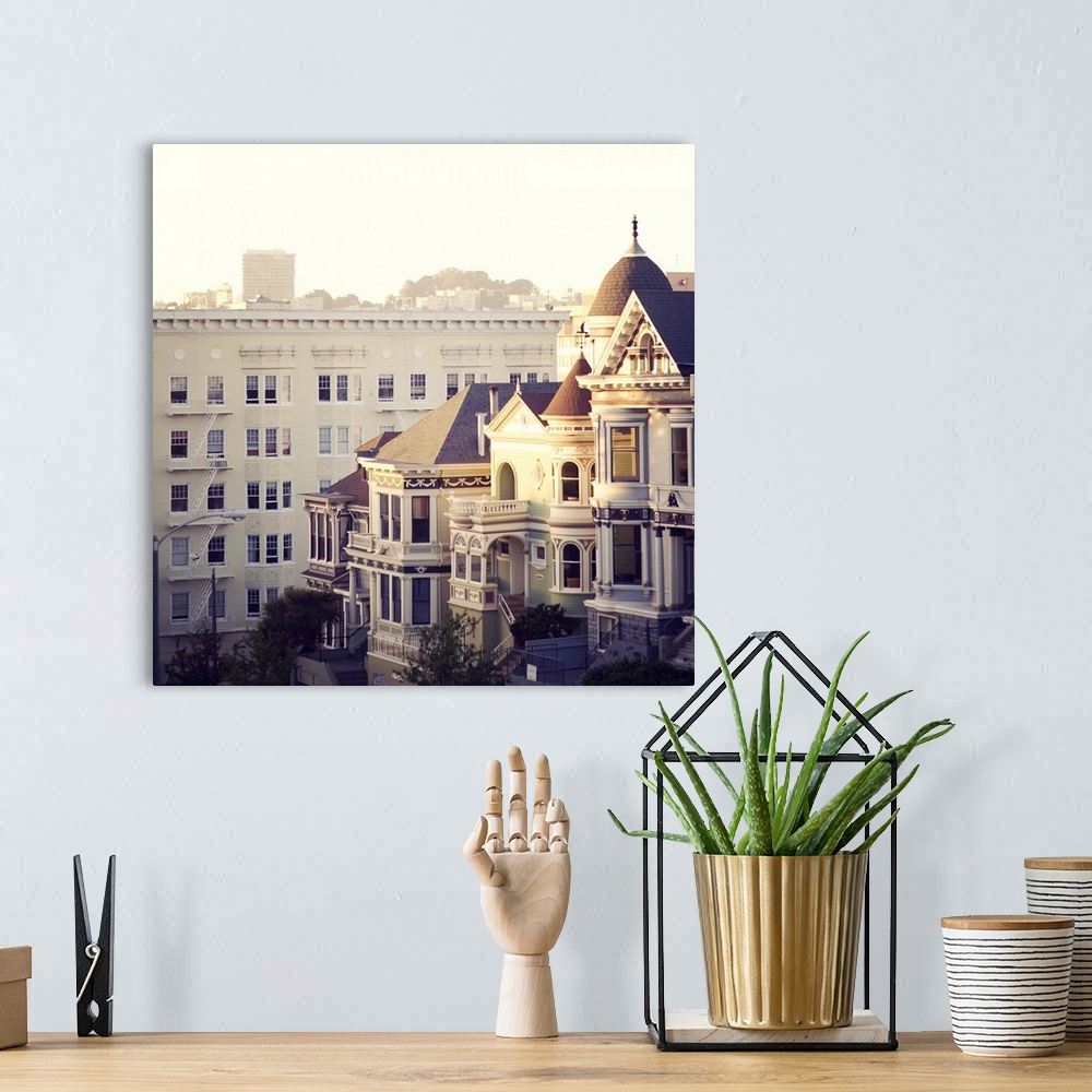 A bohemian room featuring Famous 'painted ladies' of Alamo Square, San Francisco, at sunset.