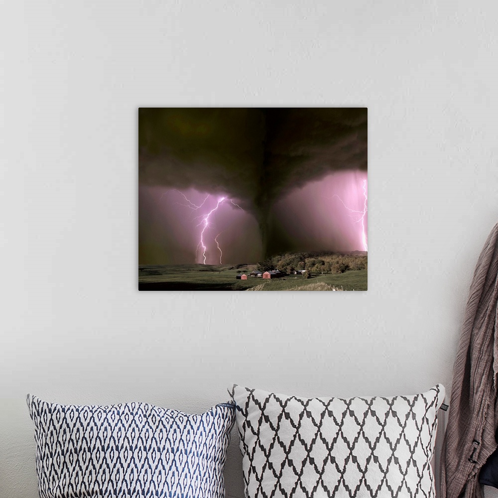A bohemian room featuring Photo-illustration of a tornado approaching a farm