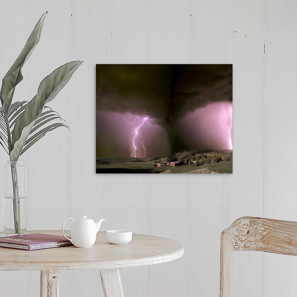 A farmhouse room featuring Photo-illustration of a tornado approaching a farm