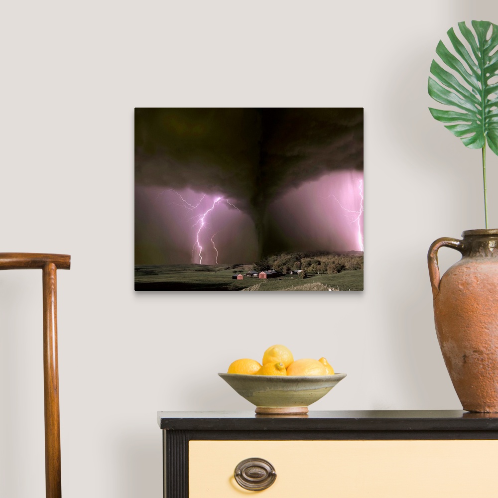 A traditional room featuring Photo-illustration of a tornado approaching a farm