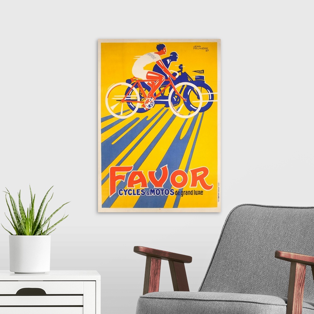 A modern room featuring 1927 Franch advertising poster illustrated by Jean Pruniere. Bicyclist and motorcycle rider ride ...