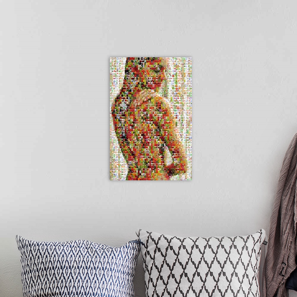 A bohemian room featuring Vertical, oversized art of a female figure that is made up of very small pictures of healthy food.
