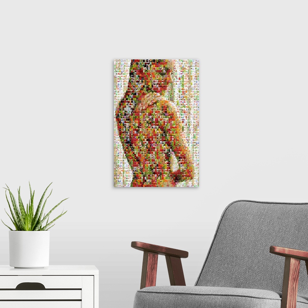 A modern room featuring Vertical, oversized art of a female figure that is made up of very small pictures of healthy food.