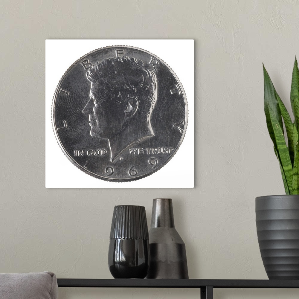 A modern room featuring Fifty cent coin featuring John F. Kennedy
