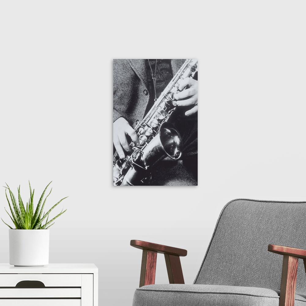 A modern room featuring FINGERS POSITIONED ON SAXOPHONE, 1940