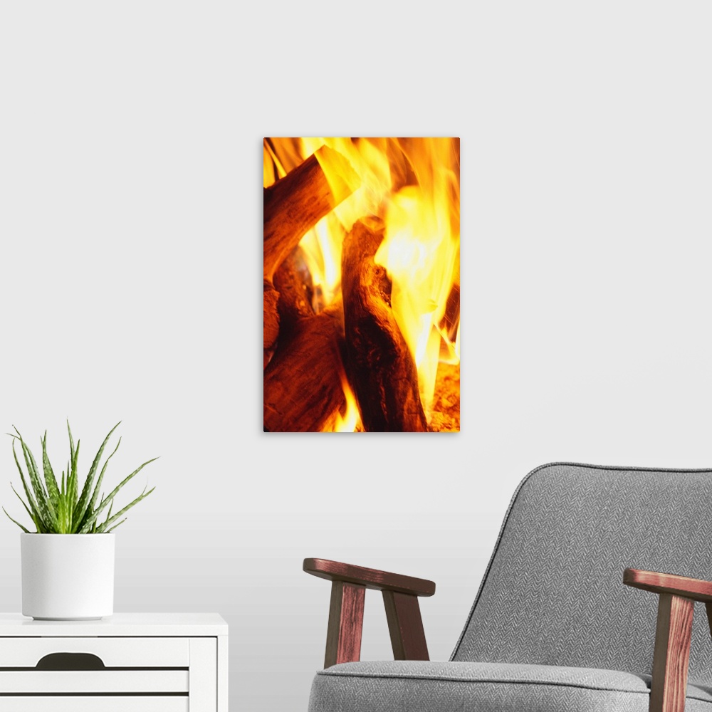 A modern room featuring Fire burning