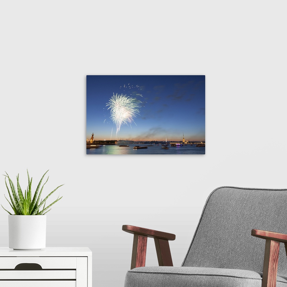 A modern room featuring fireworks over the Neva river with the Cathedral of St Peter and St Paul