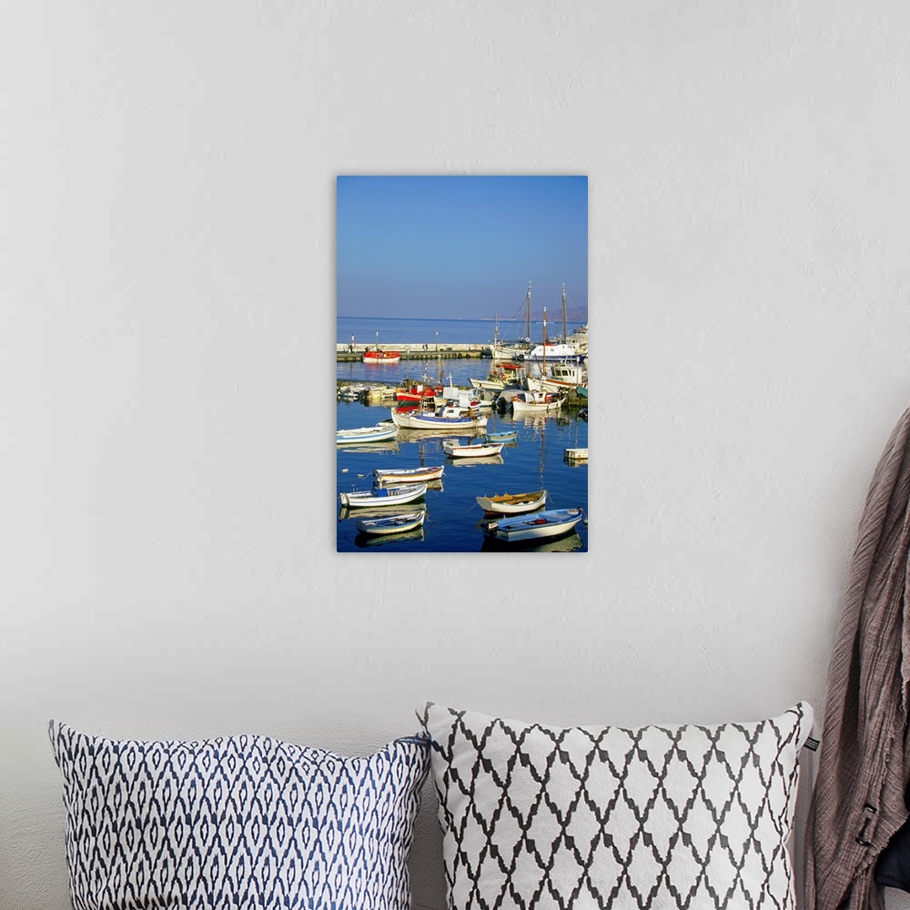 A bohemian room featuring Fishing boats docked at a harbor, Mykonos, Greece