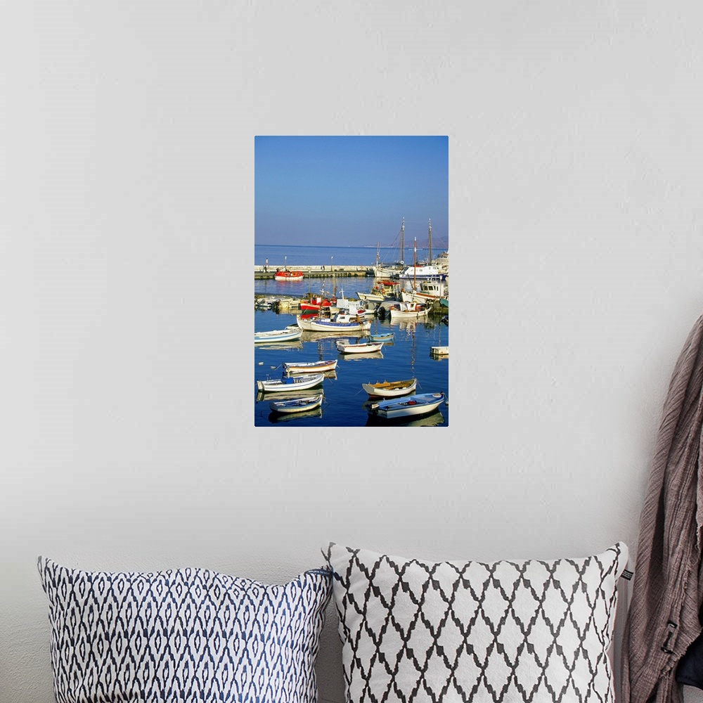 A bohemian room featuring Fishing boats docked at a harbor, Mykonos, Greece
