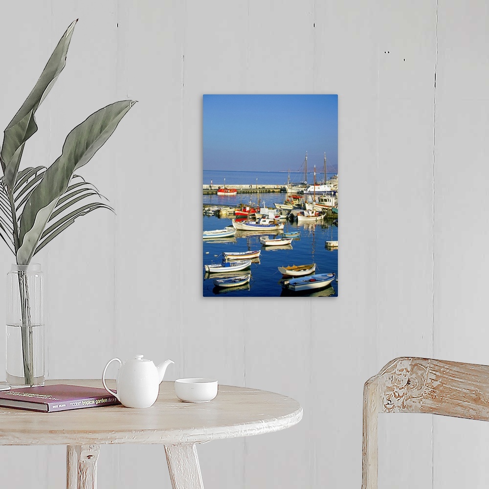 A farmhouse room featuring Fishing boats docked at a harbor, Mykonos, Greece