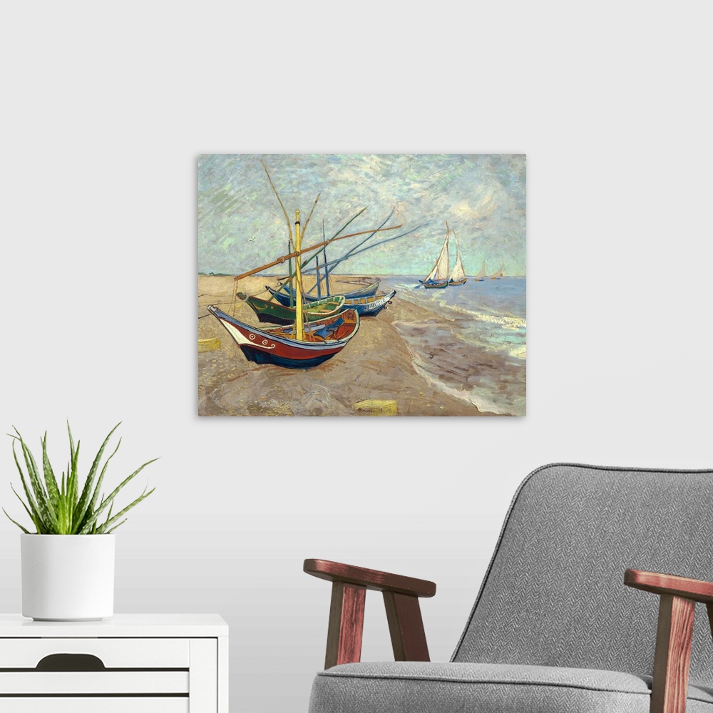 A modern room featuring Vincent van Gogh (Dutch, 1853-1890), Fishing Boats on the Beach at Les Saintes-Maries-de-la-Mer, ...
