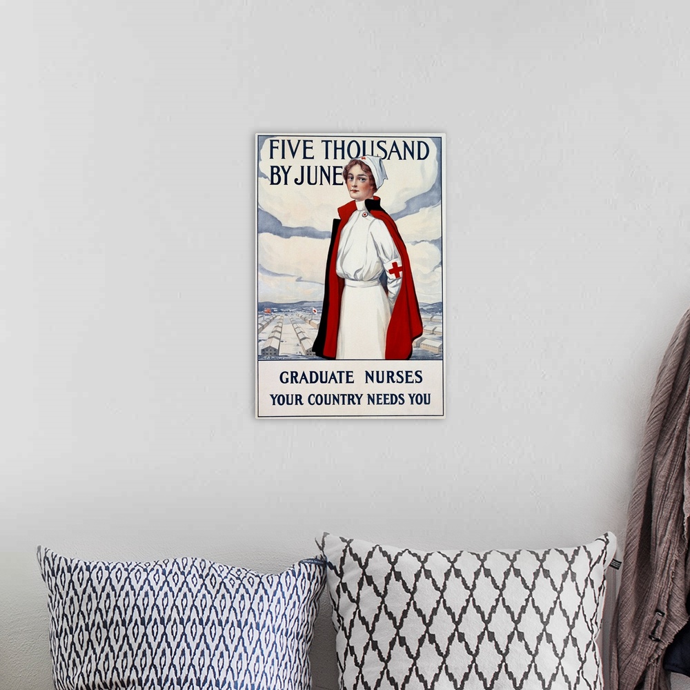 A bohemian room featuring Five Thousand Nurses By June - Graduate Nurses Your Country Needs You Poster
