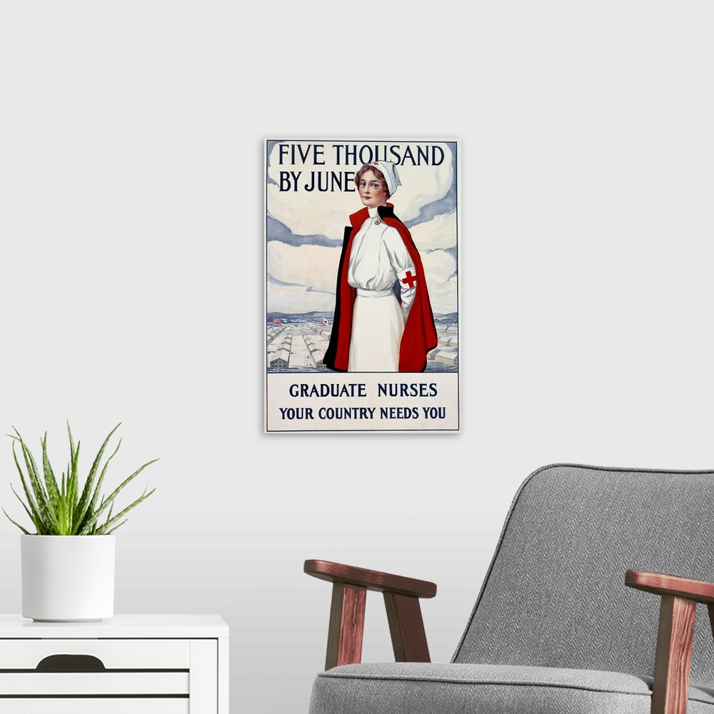 A modern room featuring Five Thousand Nurses By June - Graduate Nurses Your Country Needs You Poster