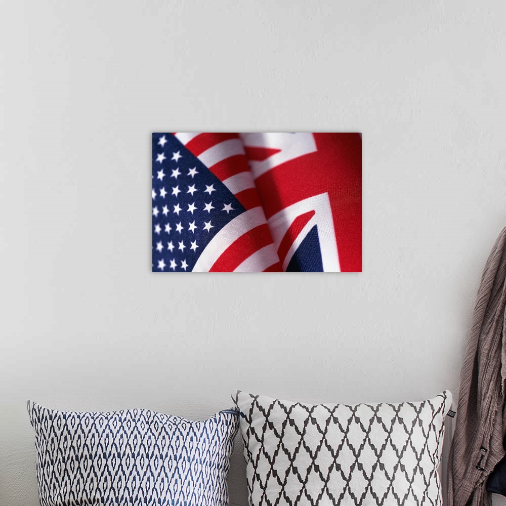 A bohemian room featuring Flags of United Kingdom and United States of America