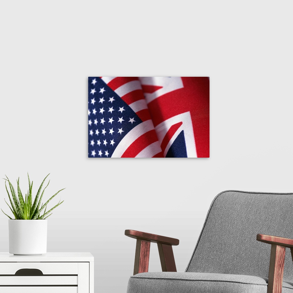 A modern room featuring Flags of United Kingdom and United States of America