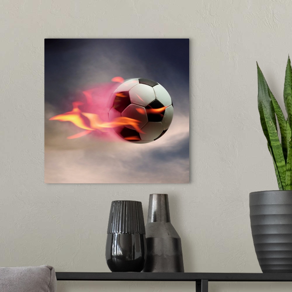 A modern room featuring Flaming Soccer Ball