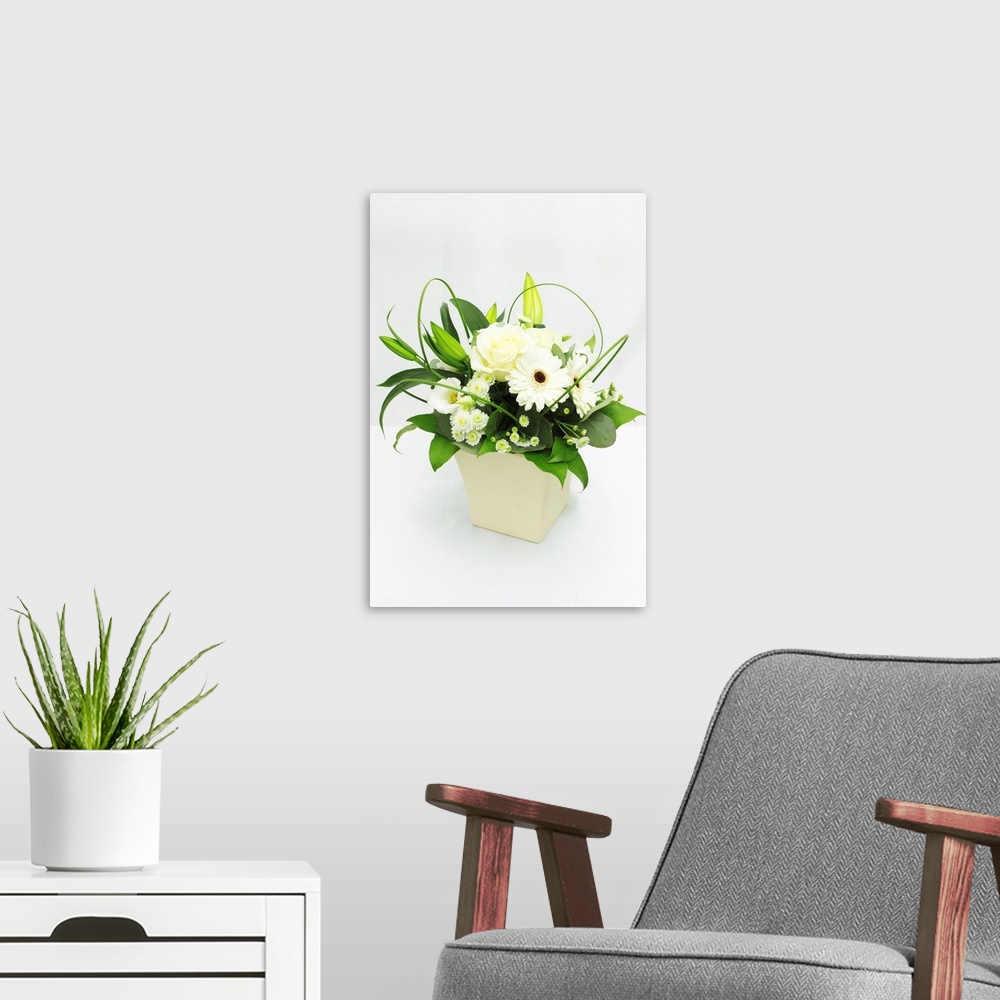 A modern room featuring Flower bouquet against white background.