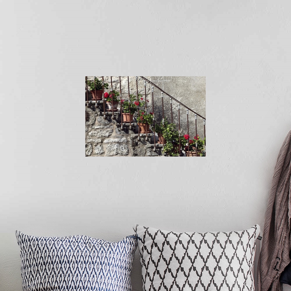 A bohemian room featuring Flowering red geranium potplants, on the stairs on an old medieval house.