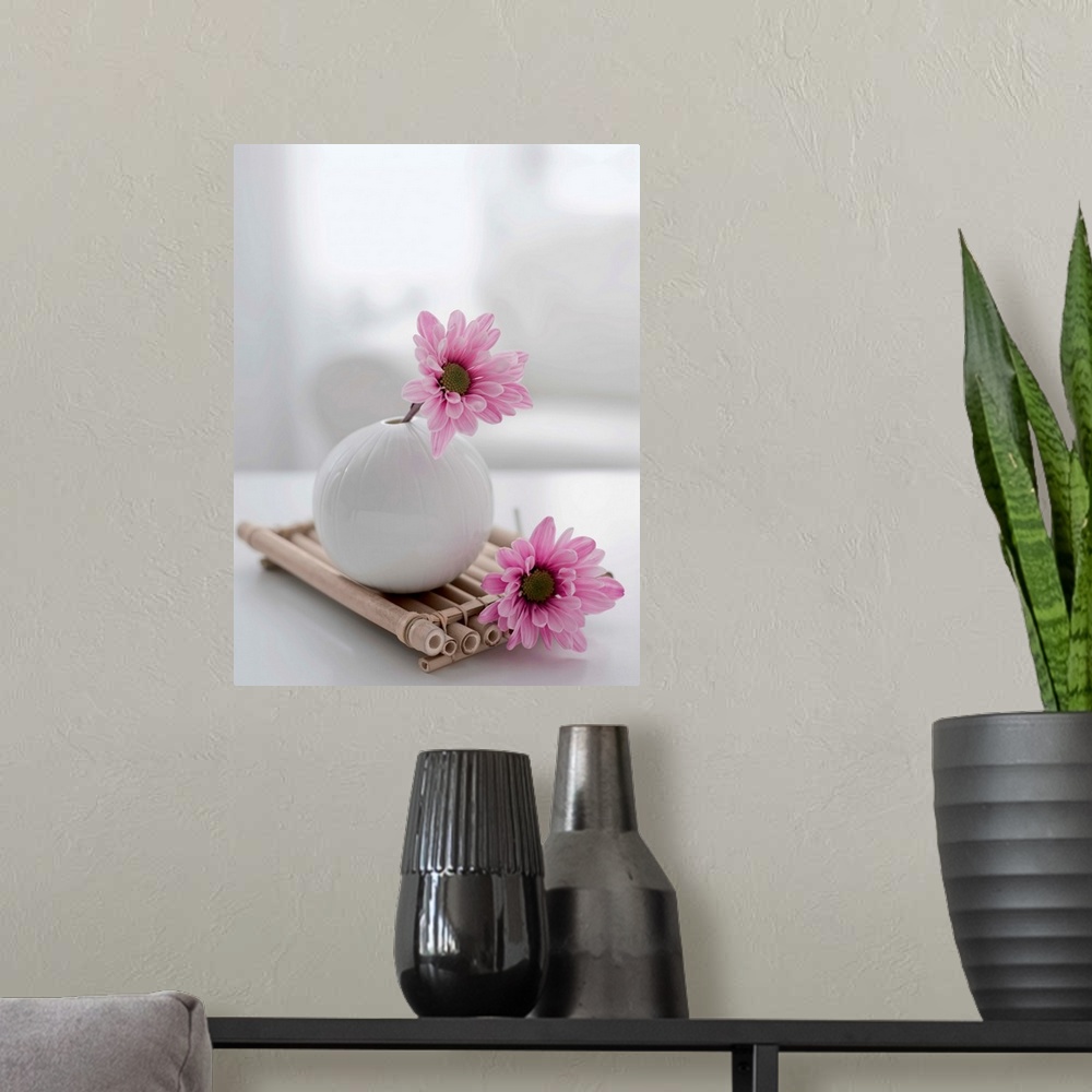 A modern room featuring Flowers and vase on bamboo tray