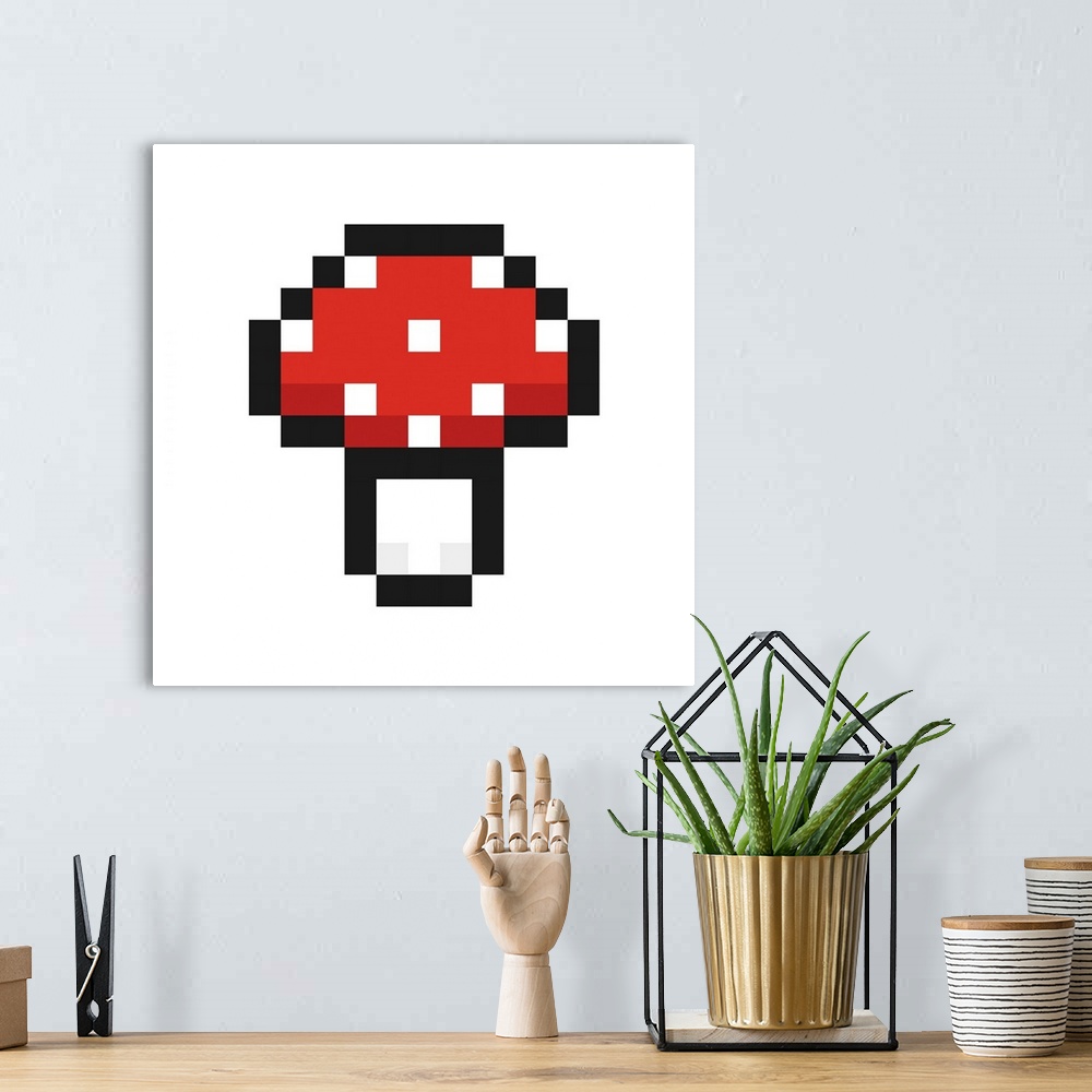 A bohemian room featuring Mushroom. Fly agaric. Pixel art. Retro game style. Vector illustration.