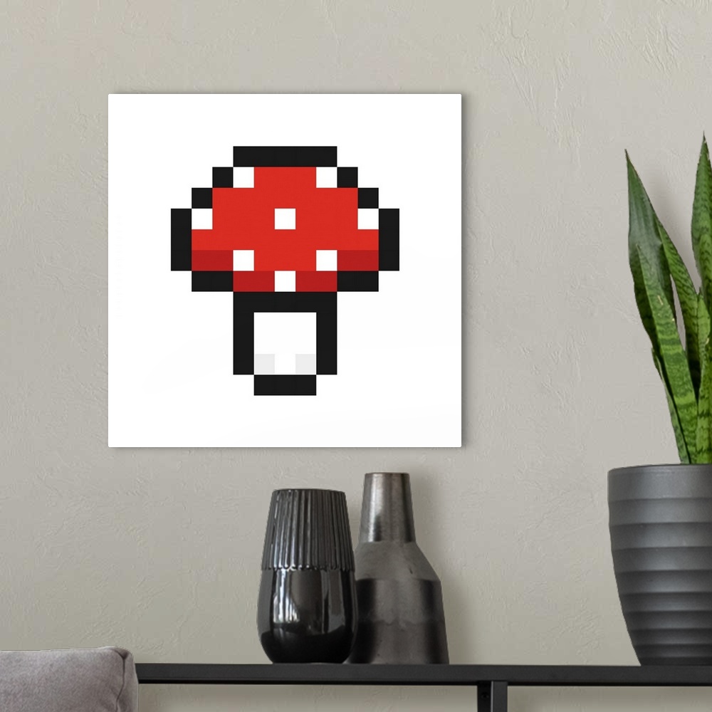 A modern room featuring Mushroom. Fly agaric. Pixel art. Retro game style. Vector illustration.