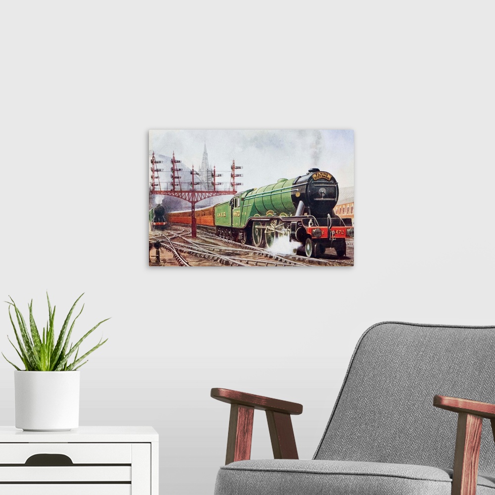A modern room featuring Flying Scotsman, first of Nigel Gresley's class A1 LNER Pacific steam locomotives, hauls the 10a....