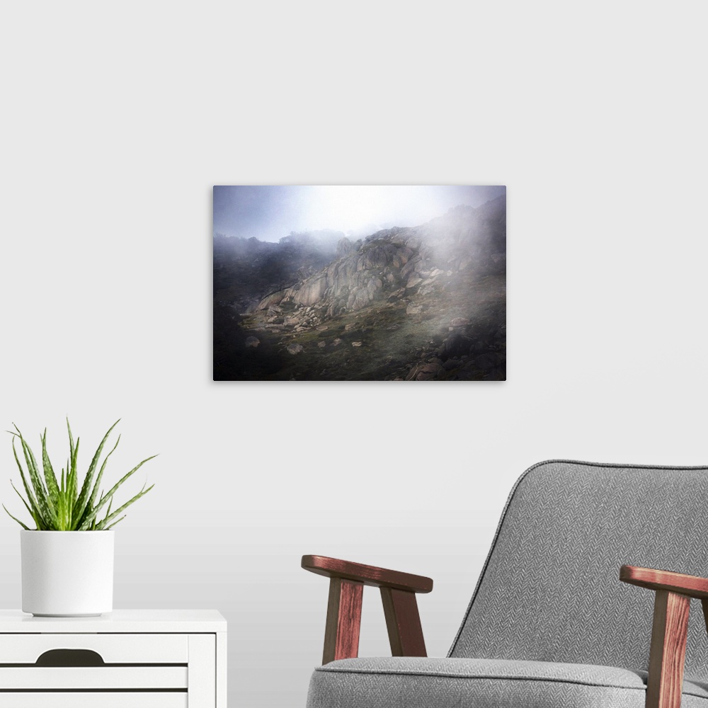 A modern room featuring A fog shrouded rocky Mt Crackenback near Thredbo in the Snowy Mountains in New South Wales in Aus...