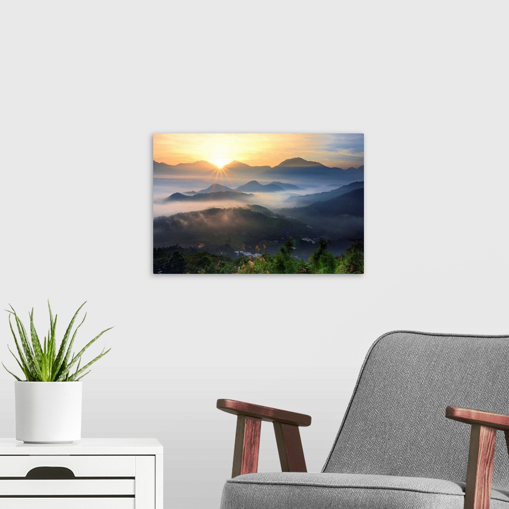 A modern room featuring Foggy mountain at sunrise, in Nantou County, Taiwan.