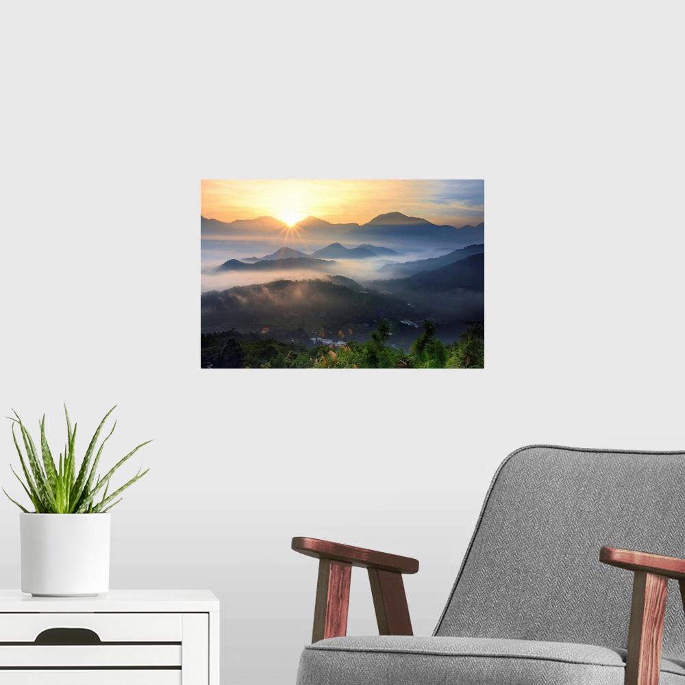 A modern room featuring Foggy mountain at sunrise, in Nantou County, Taiwan.