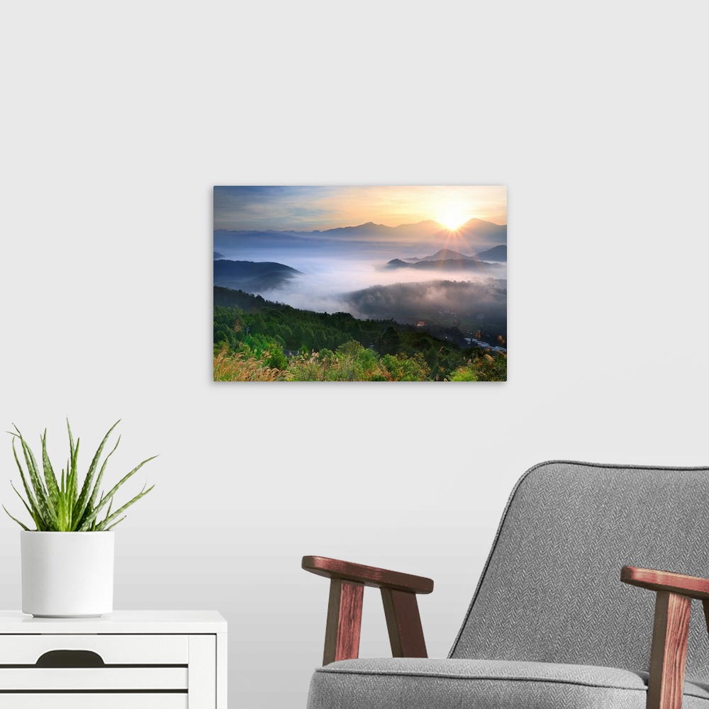 A modern room featuring Long grass and foggy mountains at sunrise, Natou county, Taiwan.