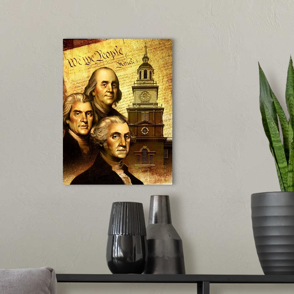 A modern room featuring Founding fathers in front of the Declaration of Independance.