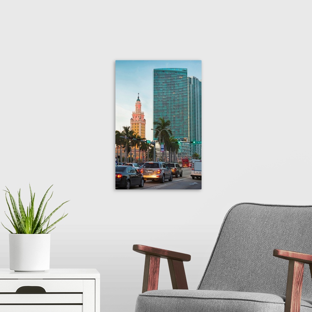 A modern room featuring Freedom tower and highrise buildings